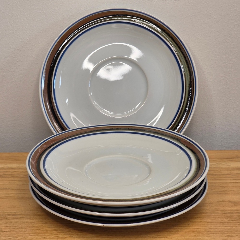 Vintage Salem Stoneware Georgetown‎ Blue Brown Saucers Plates 6 1/4" Set of 4